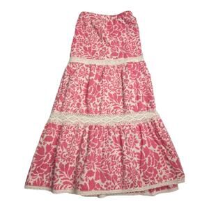 Y2K Low Waist Floral Print Tiered Peasant Prairie Skirt Crochet Lace Trim Pink 6